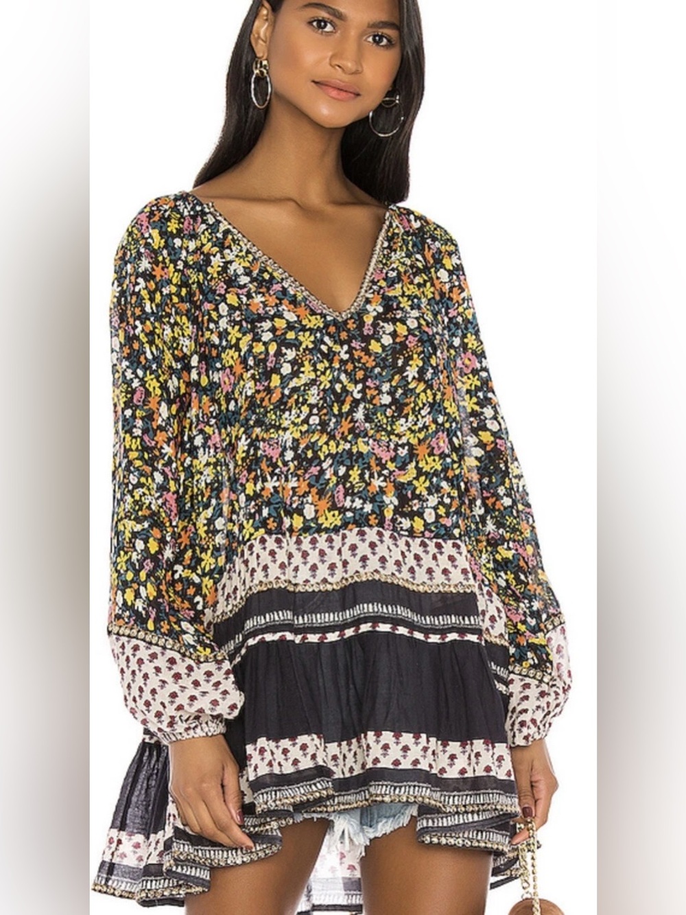 FREE PEOPLE Gardenia Floral Tunic Top Dress Sz Small Romantic Boho Festival - Picture 8 of 13